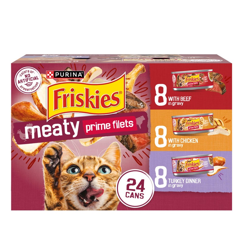 Friskies عبوة متنوعة من طعام القطط الرطب بصلصة بريما فريسكيس، شرائح لحم مميزة - (عبوة من 24) علب 5.5 أوقية - Image 1